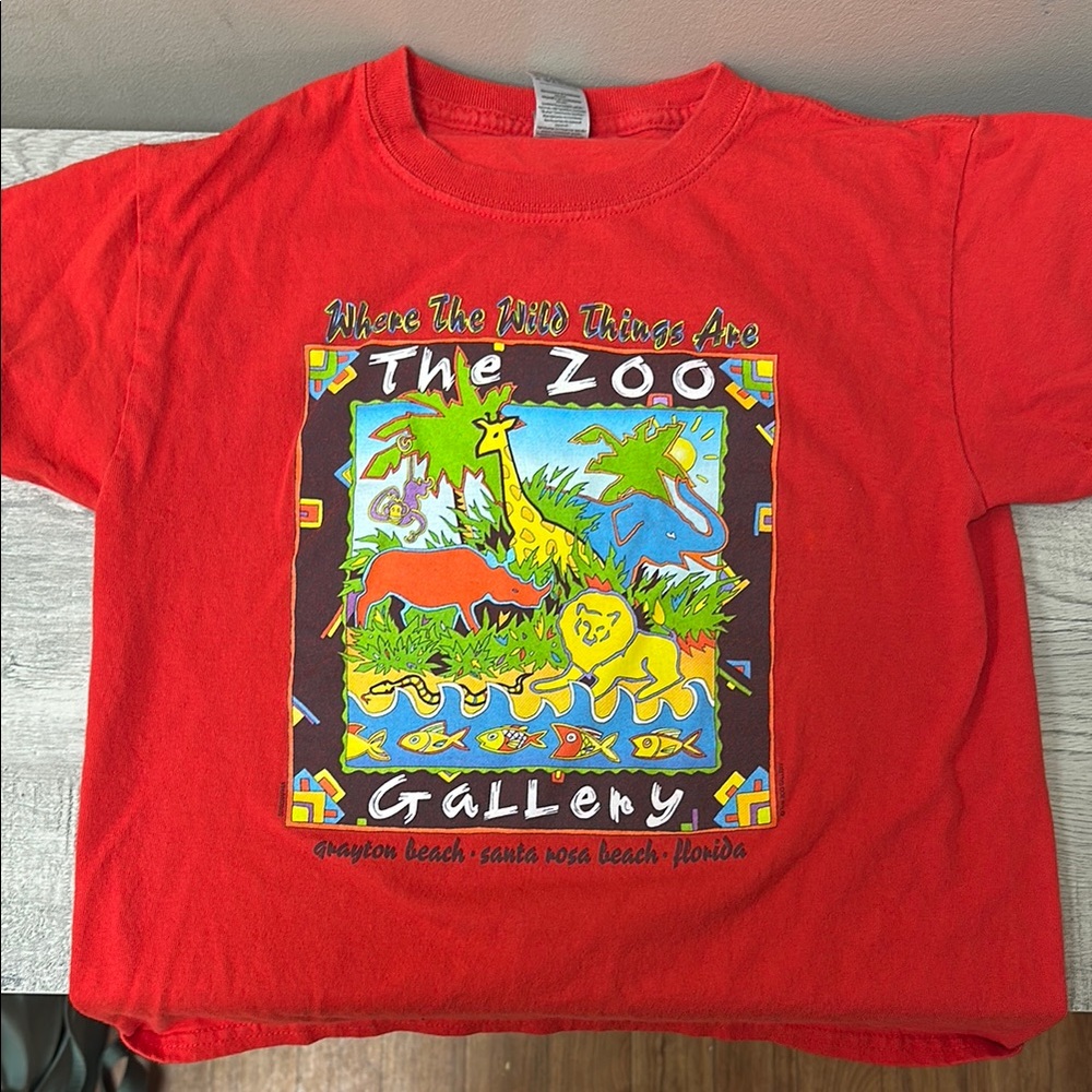 Gildan Red Short Sleeve Tee with Zoo Graphic Kids Youth S